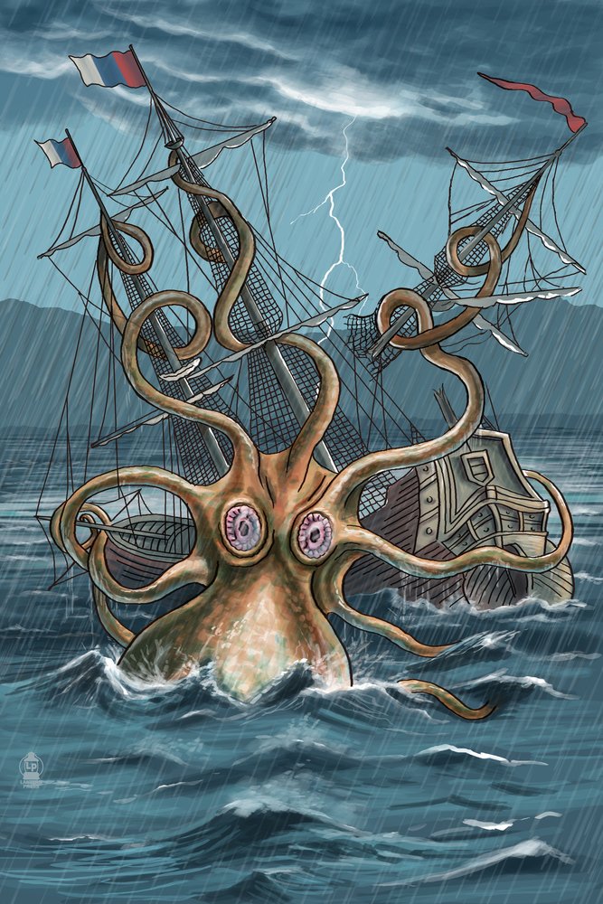 Amazon.co.jp: Kraken Attacking Ship 9 x 12 Art Print LANT-36609